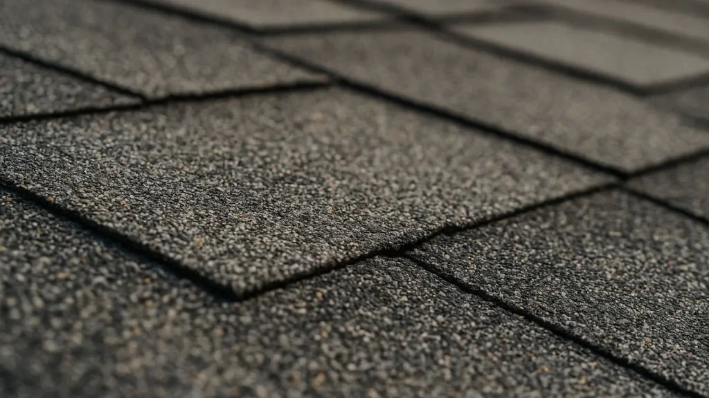 Close-up of storm-damaged asphalt shingles with lifted edges and missing granules
