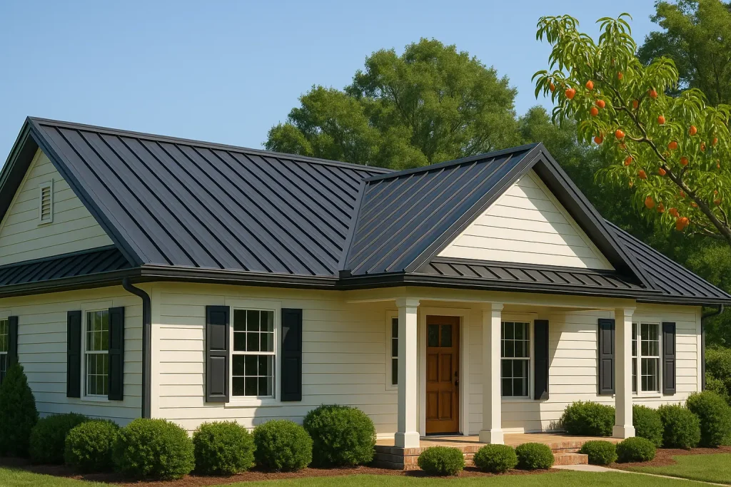 Georgia home with sleek standing seam metal roof and peach tree in background