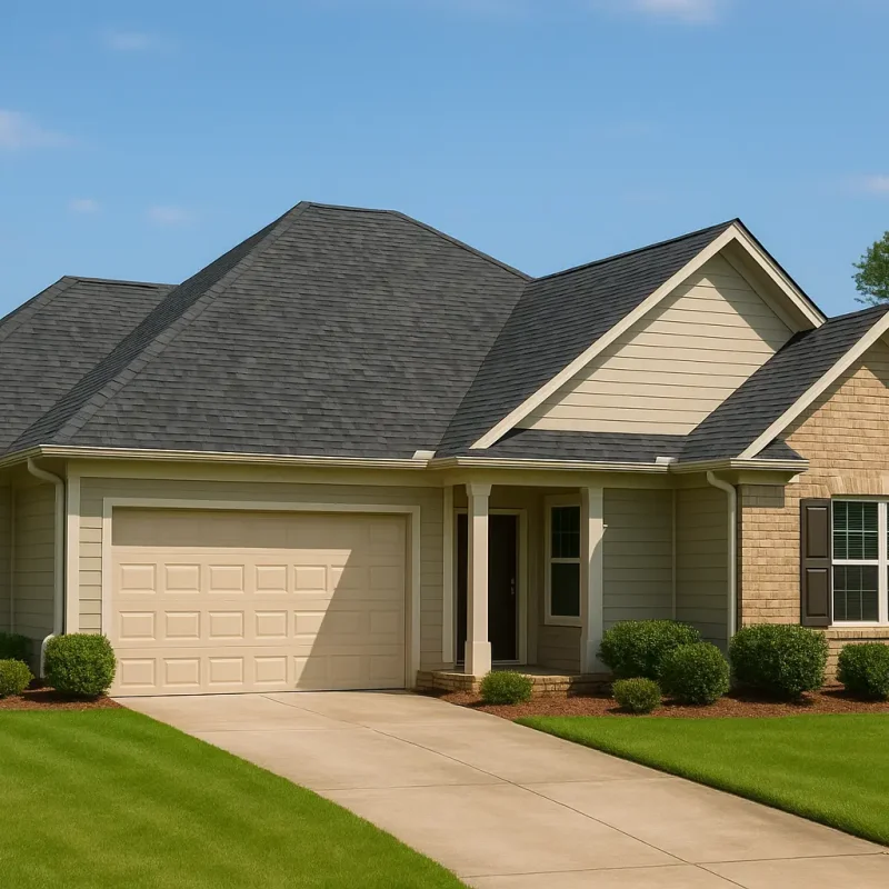 Modern Georgian home with new asphalt shingle roof and bright sky