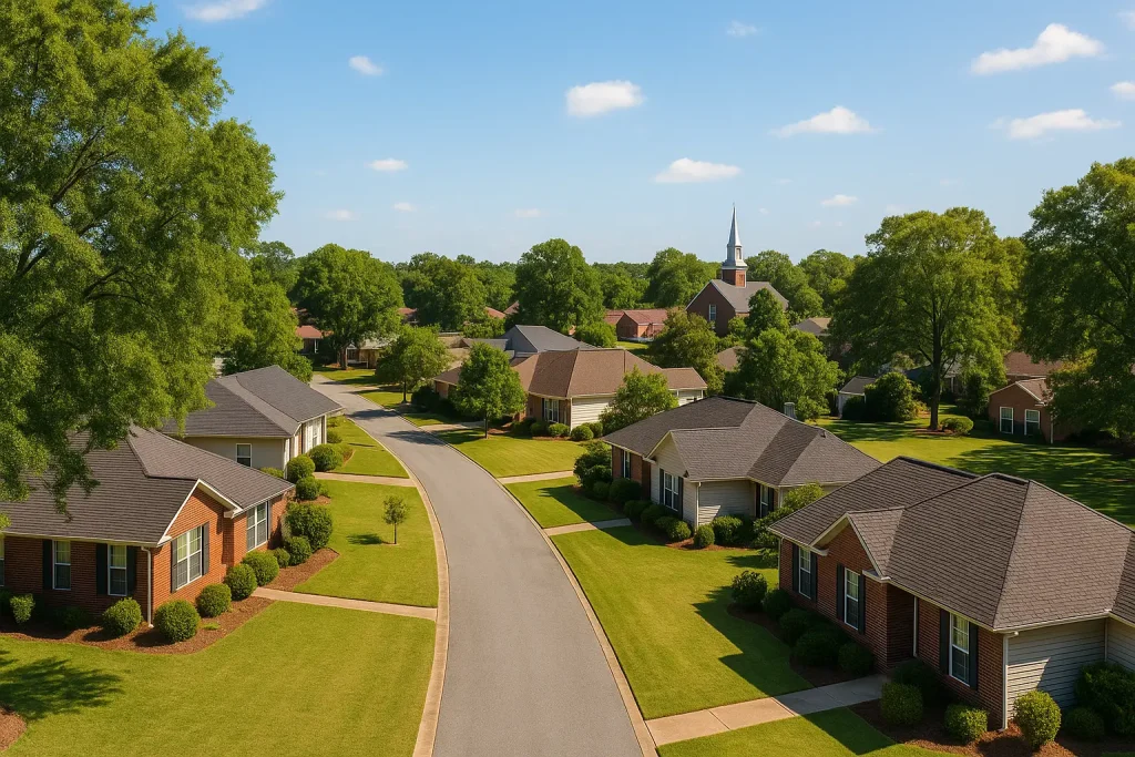 South Georgia neighborhood with single-story brick homes featuring well-maintained roofs and lush green lawns