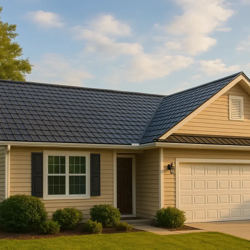 A welcoming Southern Georgia neighborhood scene featuring a well-maintained home with a sturdy, clean roof under clear blue skies, lush green landscaping, and warm sunlight — designed to inspire trust and confidence in local roofing services.