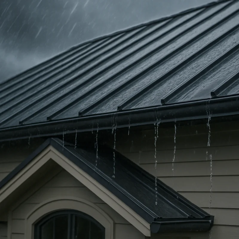 Closeup of a modern metal roof during a heavy rainstorm in Southern Georgia.