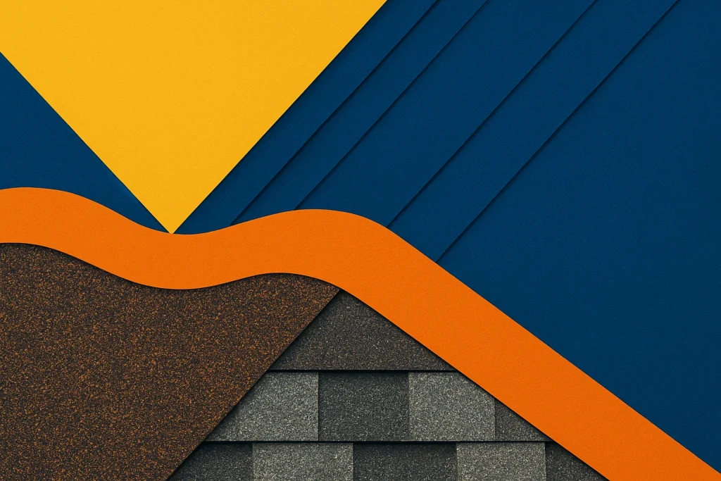 Abstract representation of roofing materials with bold colors symbolizing metal roofs, shingles, and Georgia’s climate.